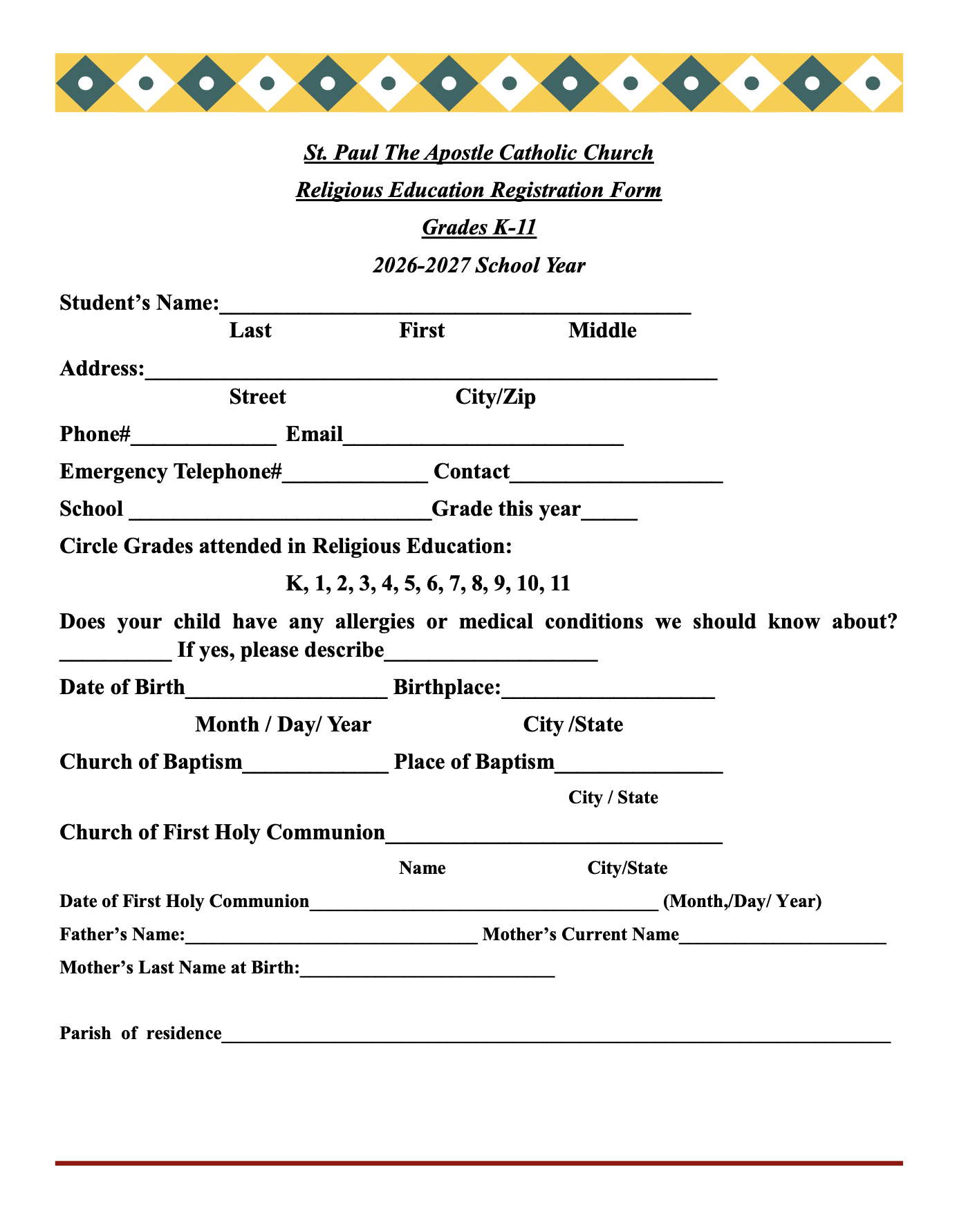 Religious Ed. 2026-2027